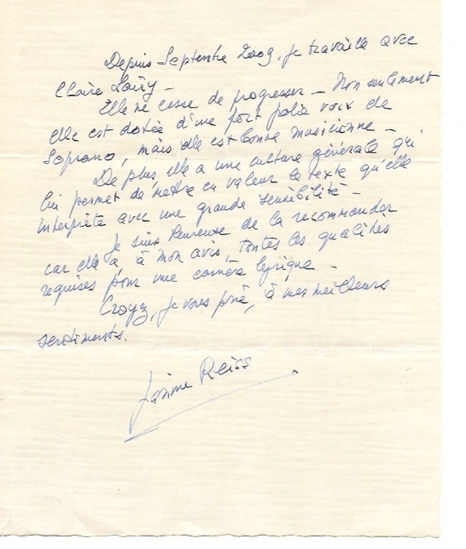 Lettre de recommandation manuscrite de Janine Reiss